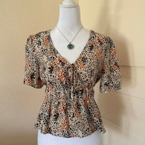 Paper‎ Crane Women's Multicolor Babydoll Peplum Top V-neck Puff Sleeves Size S